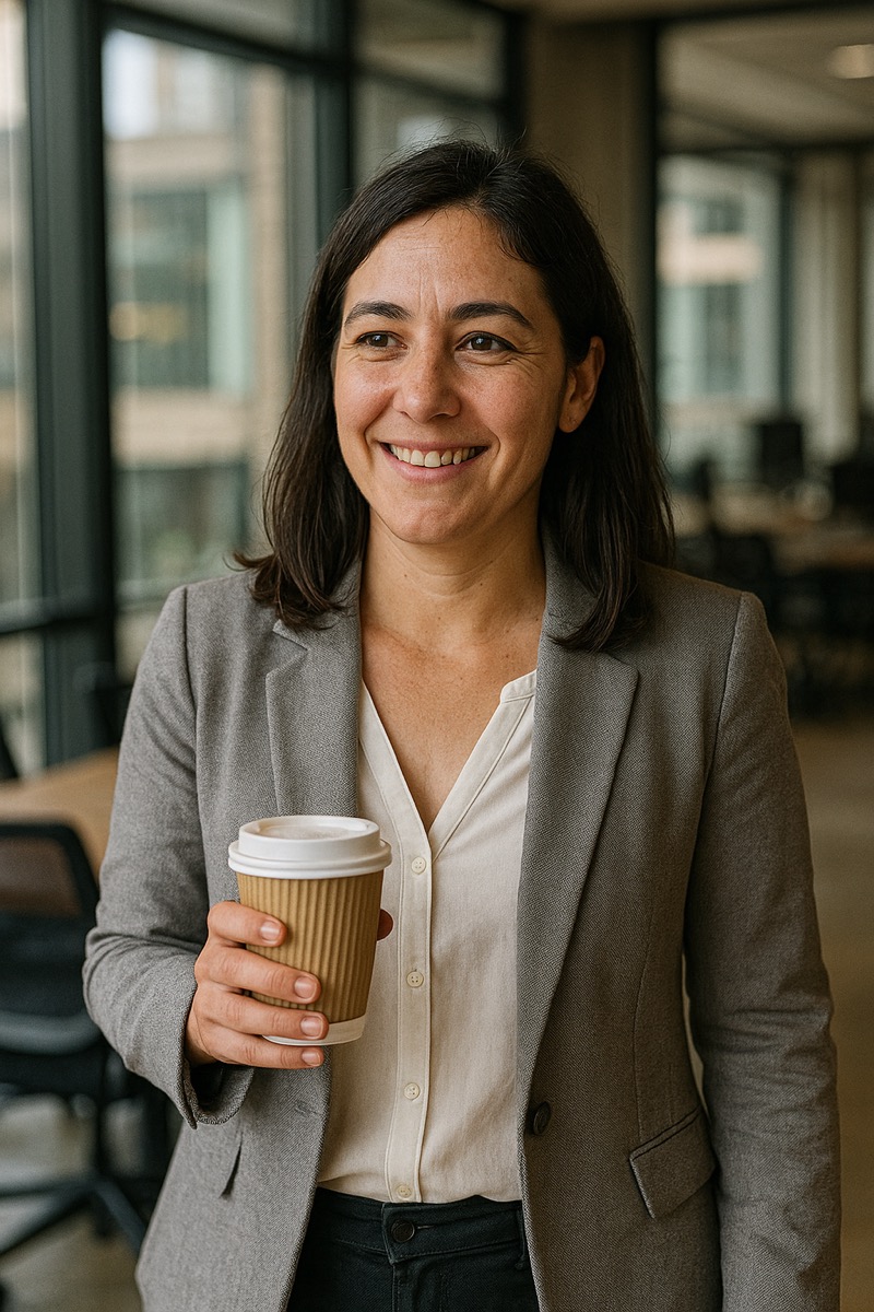 Valentina Ríos in a modern office holding coffee, smiling on the way to her desk